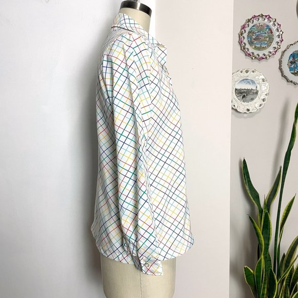 1970s Lucky Winner rainbow plaid blouse - size medium - large - Picture 3 of 8